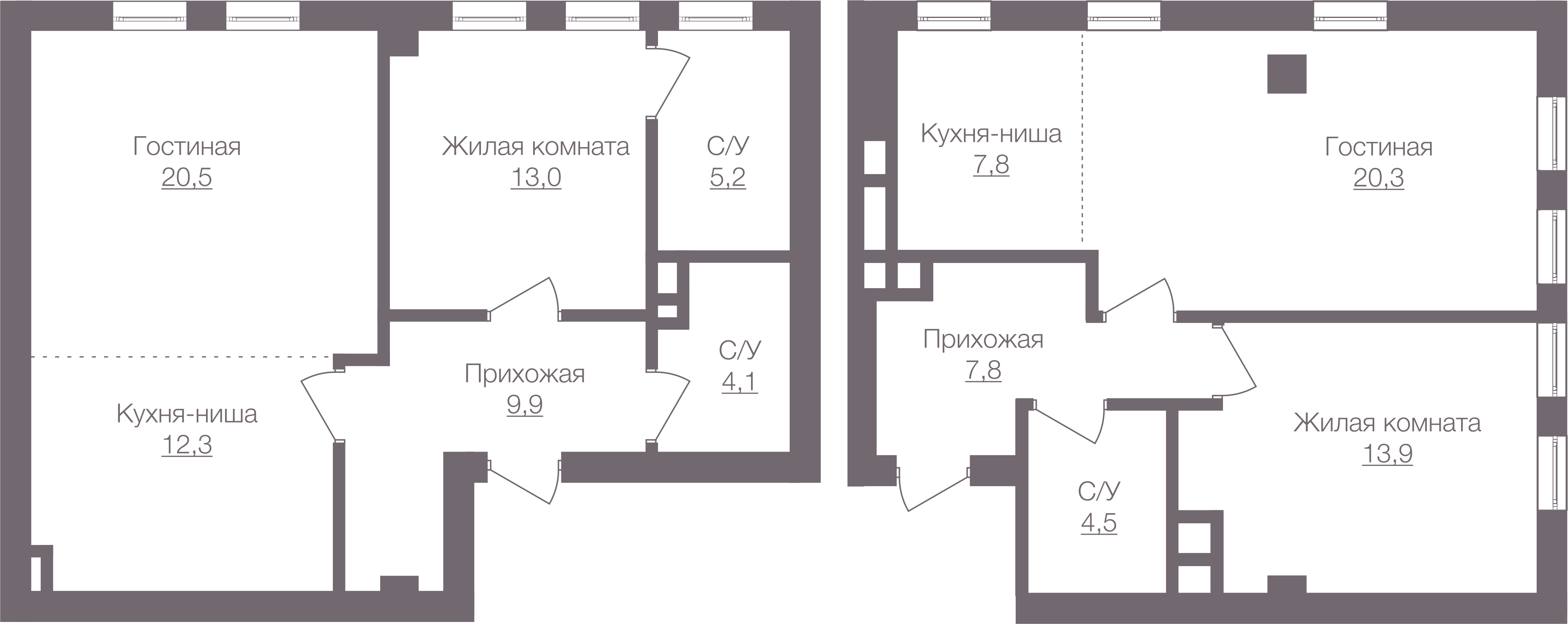 Квартиры до объединения | Аналогичные для 5 этаже: 554 и 555